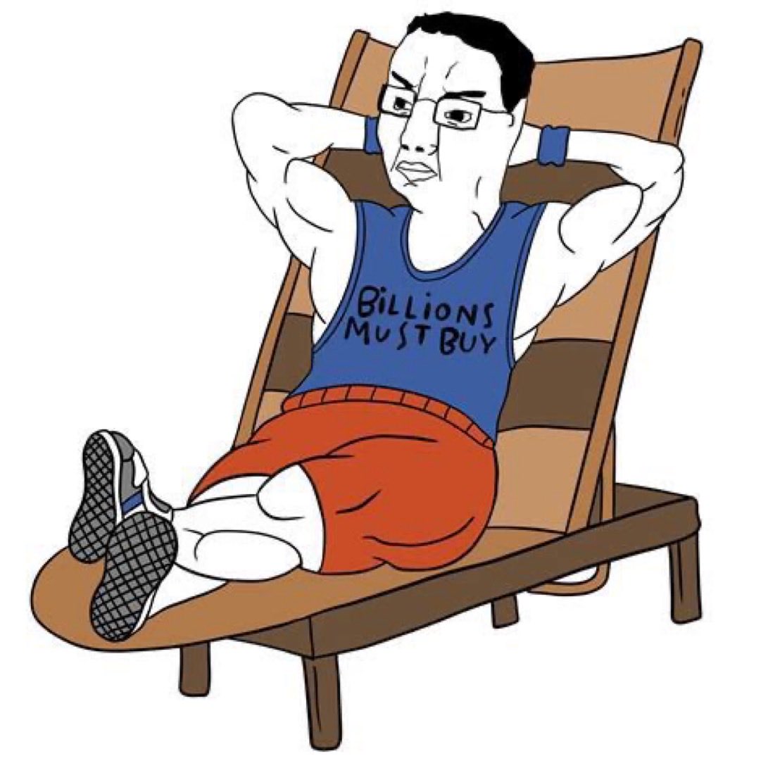 Chud relaxing in a chair wearing a Billions Must Buy shirt